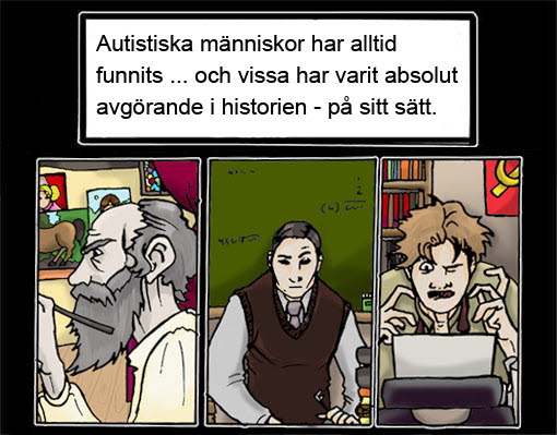 Illustration med tre genier som troligen hade autism