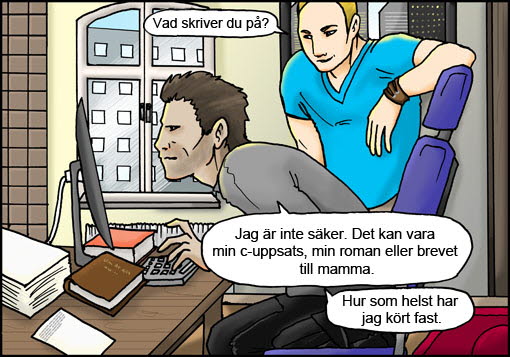 Serie bild med en kille vid datorn